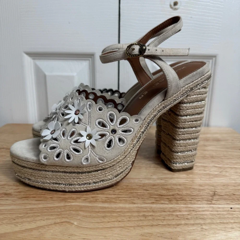 Kurt Geiger Floral Platform Sandals 41 Cream Cottagecore Boho Espadrille Heels